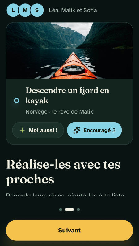 Le rêve d'un proche dans Glowbe : descendre un fjord en kayak, avec les boutons « Moi aussi ! » et « Encouragé »